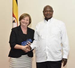 President Yoweri Museveni shares a light moment with the President of the International Criminal Cou